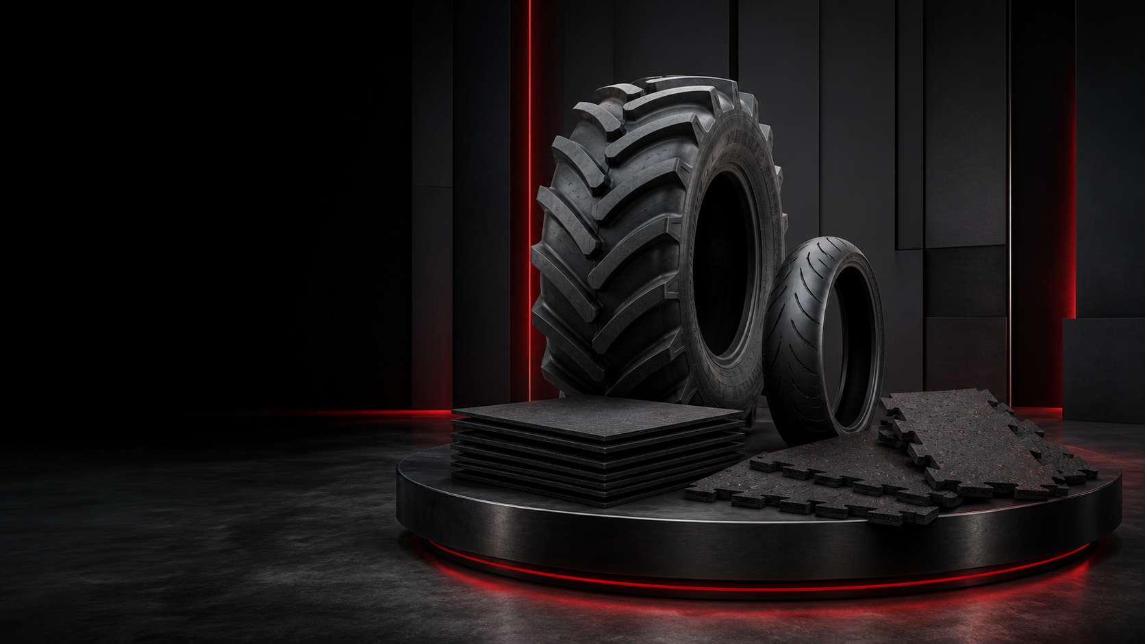 Refurbished tyres, rubber sheets and floor mats on a premium industrial stage